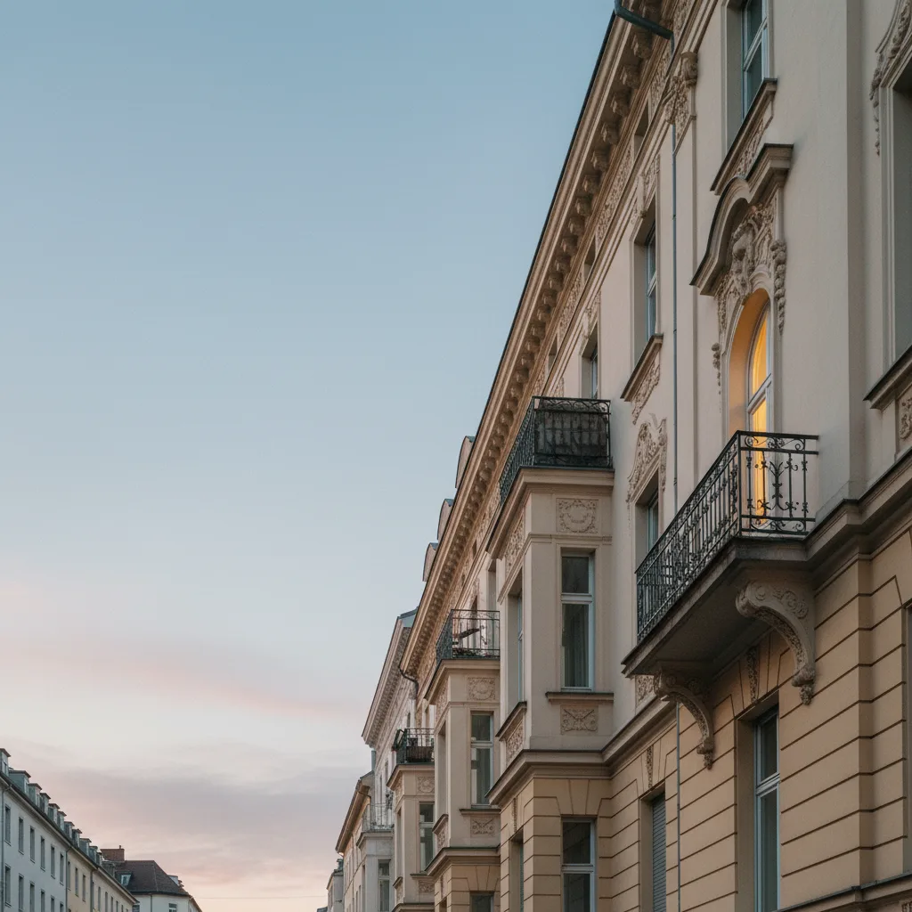 Münchner Altbau-Fassade im Abendlicht mit warmem Fensterglühen und Stuckdetails