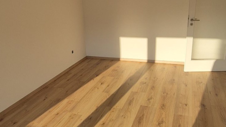 Leere Münchner Altbau-Wohnung mit zwei Bogenfenstern und Lichtflächen auf Parkett